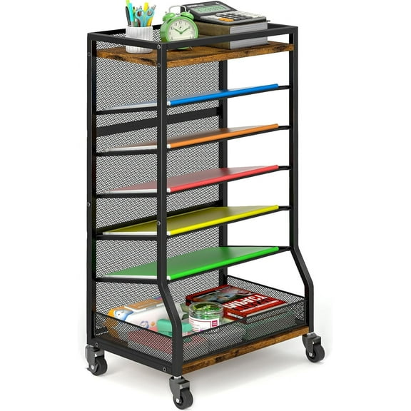 7 Tier Rolling File Cart with Sliding Trays, Wood Metal File Organizer Beside Desk, Free-Standing File Holder, Paper Letter Tray Organizer Mesh Desk Organizer for Home Office School (Patent)