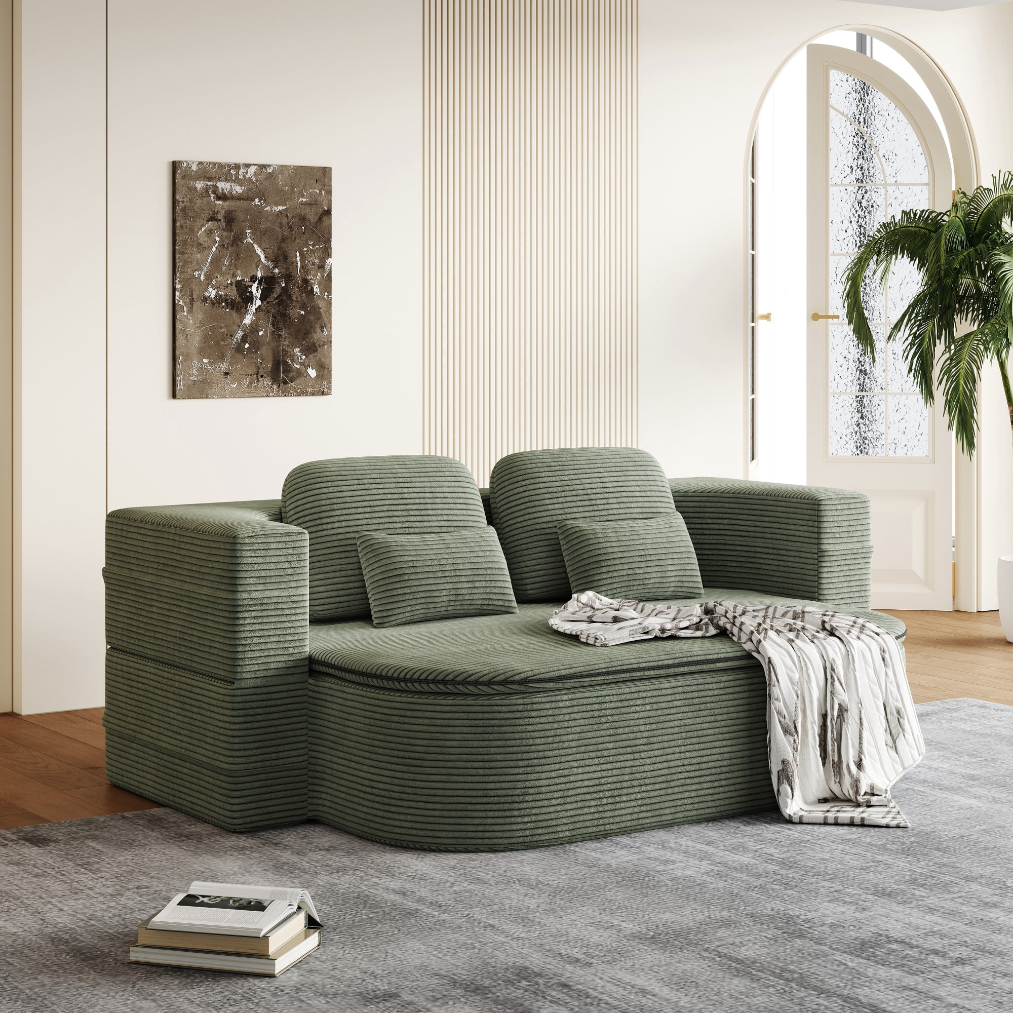 2-in-1 Convertible Sofa Bed,75'' Foldable Sleeper Sofa Bed,Corduroy Floor Folding Sofa Bed Lounge Sofa with Multi Functional Blanket for Living Room Bedroom,Green