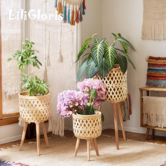 Boho Rattan Plant Stand Set of 2/3 - Handwoven Tall Elevated Wicker Plant Baskets for Indoor Plants