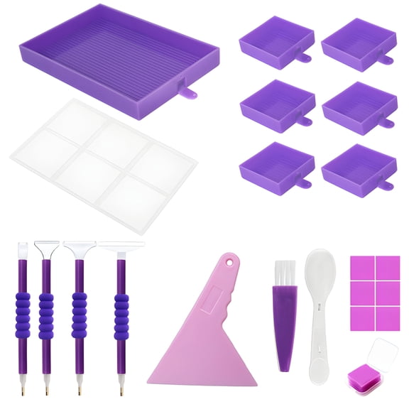 Diamond Art Trays with Lids for Crafts, 1 Set including Large Purple Multifunctional Tray, 6 Small Trays, Spooning and Pen Tools, Ideal for DIY Diamond Art Storage and Organization