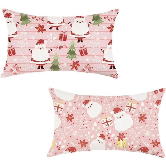 Christmas Pillow Covers 12x20 Set of 2 Pink Santa Claus Throw Pillows Farmhouse Cute Xmax Winter Seasonal Holiday Cushion Cases for Sofa Couch Home Decor