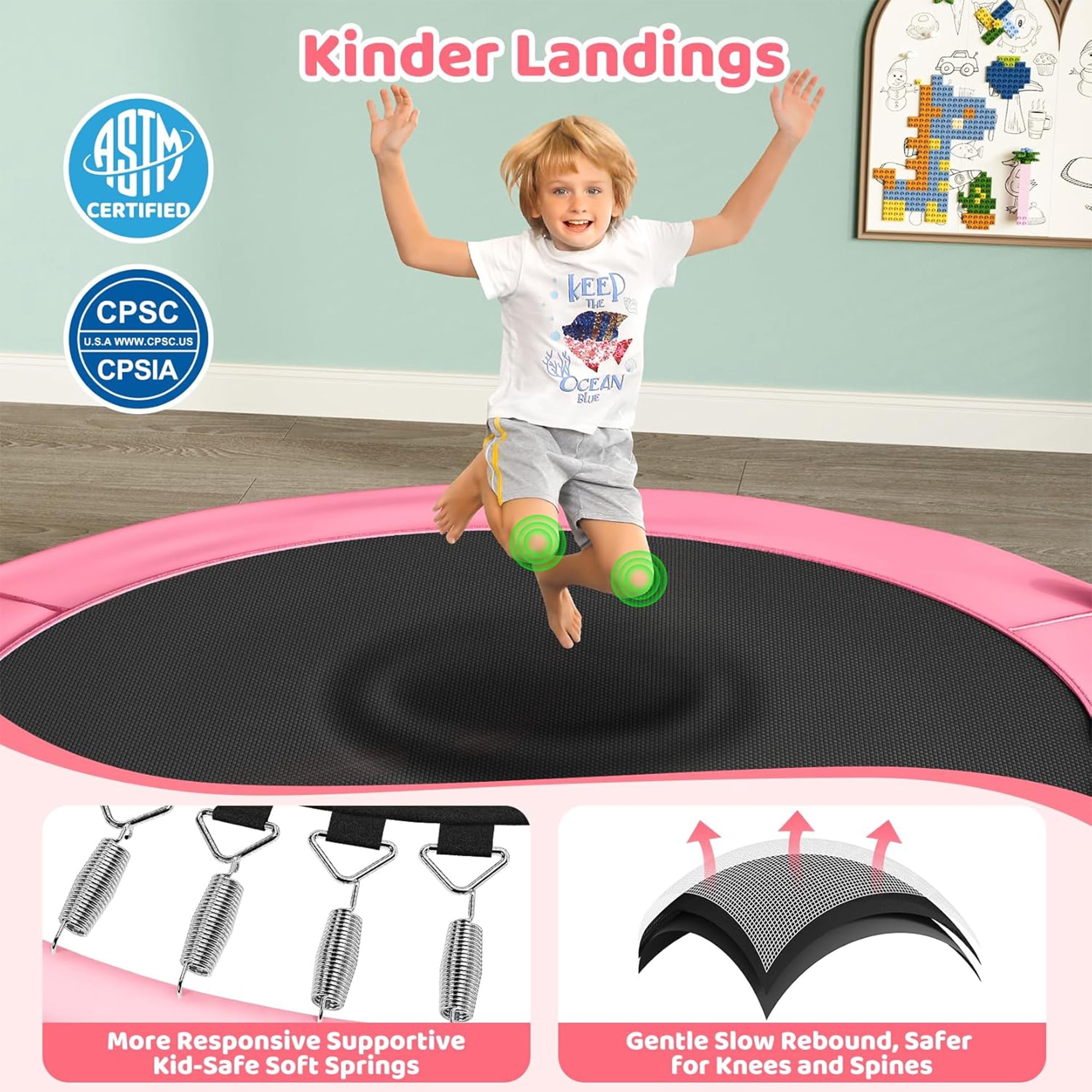 Toremore 55" Trampoline for Kids with Enclosure, 6-in-1 Kid Trampoline Indoor & Outdoor, Toddle Trampoline with Adjustable Gymnastics Bars, Pink
