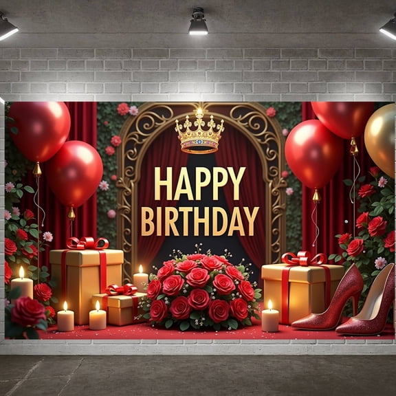 Royal Crown Banner Red Roses Birthday Display Gold Gift Boxes Red Balloons Royal Backdrop for Birthday Party Indoor Decoration Photo Backdrop
