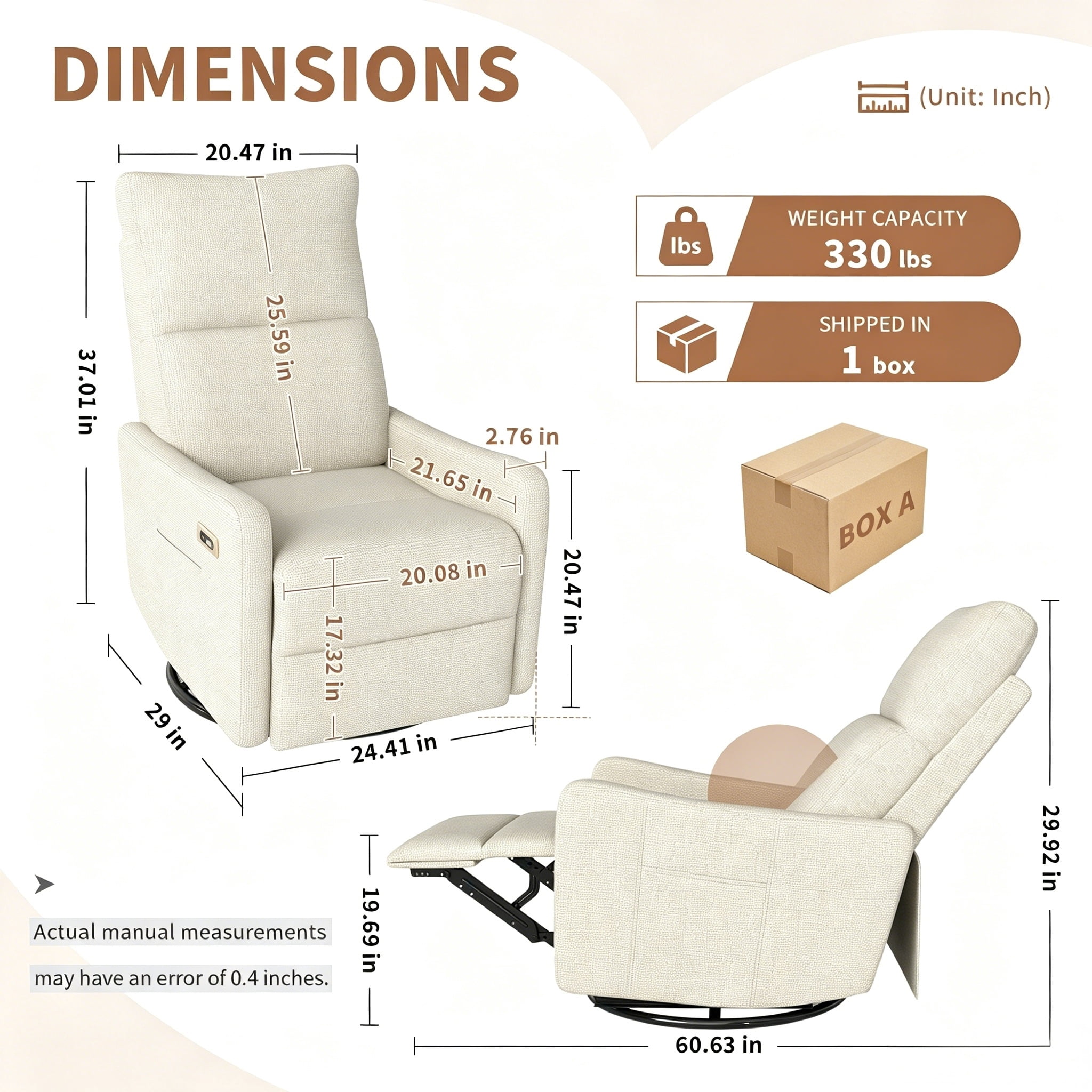Leumius Swivel Recliner Chair,270° Swivel Rocker Chair for Adults,Small Rocking Recliner for Small Spaces, Upholstered Fabric Glider Recliner Nursery,Living Room Chair,Theater SeatingBeige