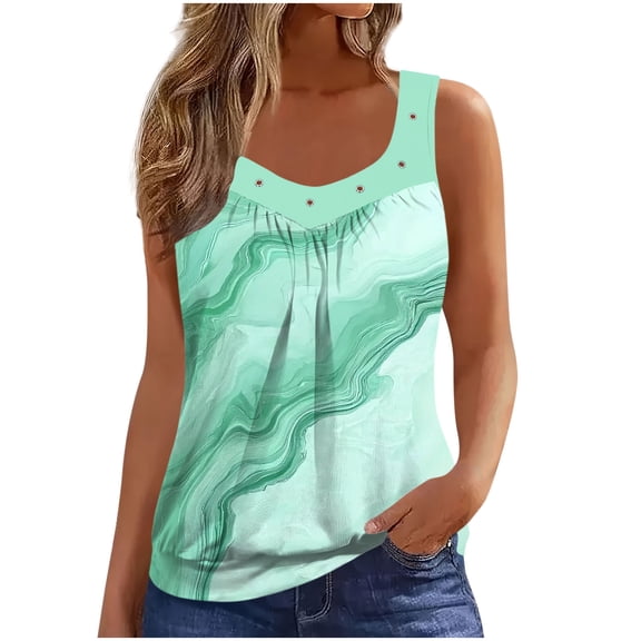 Womens Floral Printed Tank Tops Pleated Sleeveless Shirts Tops Banded Bottom Scoop Neck Tank Tops 2026 Spring Summer Tops