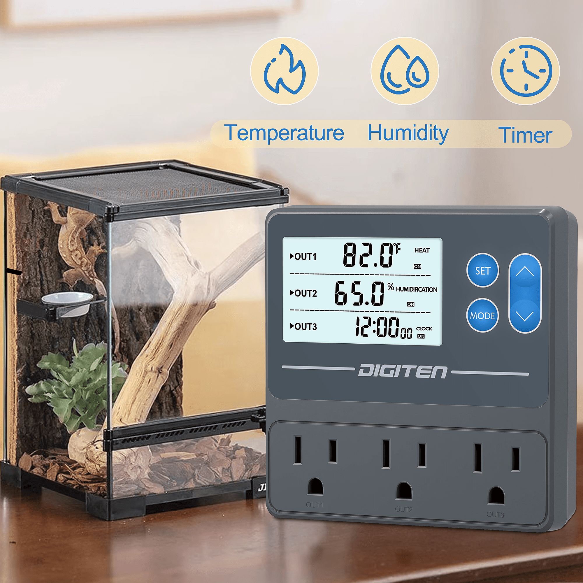 SENSTREE Digital Temperature & Humidity Controller with 3 Pre-Wired Smart Outlets - Independent Control for Heating/Cooling, Humidification, and Timer Functions - Ideal for Mushroom Growing