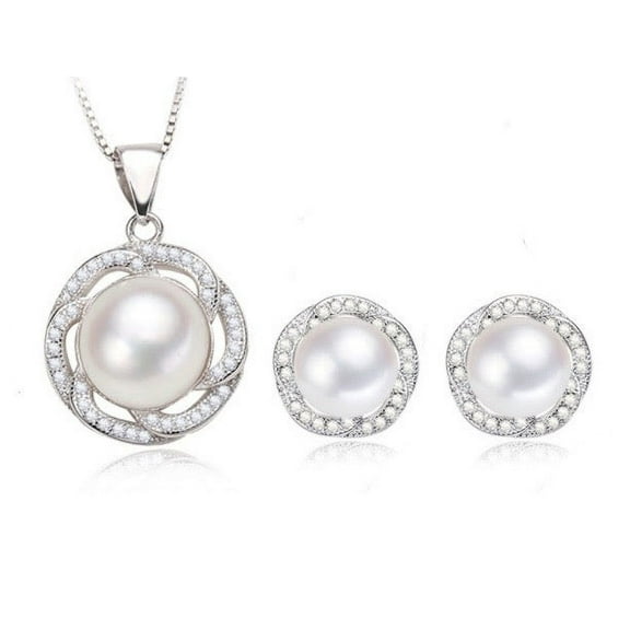 Bonjour Jewelers 18K White Gold 2 Ct Pearl Halo Round 18 Inch Necklace And Earrings Set Plated