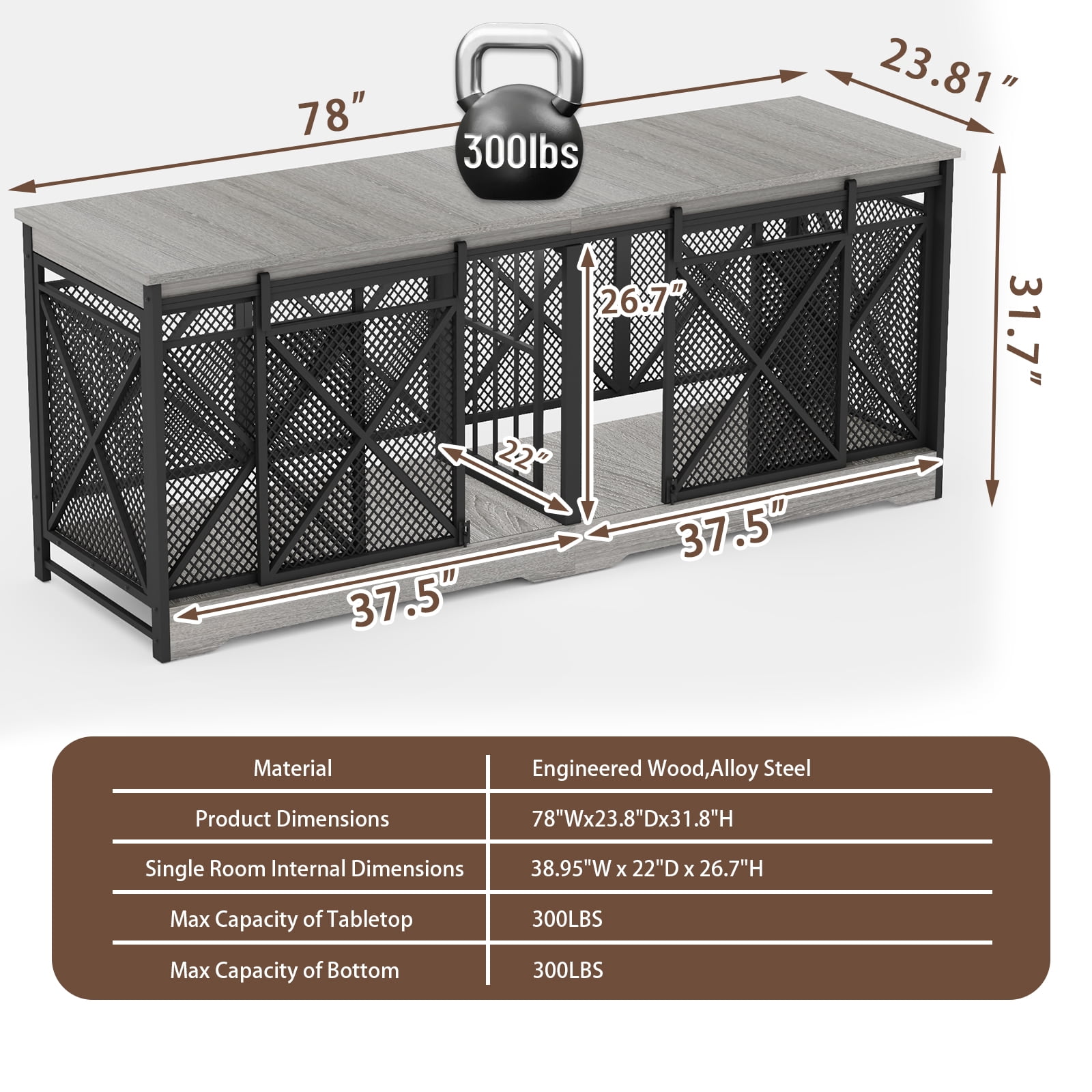 78 inch Double Dog Crate Furniture for 2 Dogs Lager Dog Wooden Crate Kennel table with Removable Divider Indoor Dog House for Small Medium Large Extra Large Size Grey