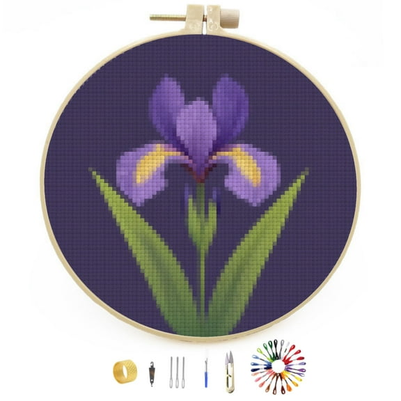 Iris Flower Easy Stamped Cross Stitch Kits for Beginners with Hoop Simple Patterns 11CT Counted Embroidery Needlepoint Crafts Arts for DIY Enthusiasts and Home Decor 26x26cm(2)