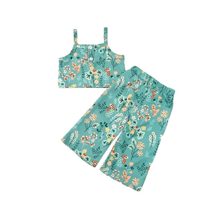 

Little Girl Summer Floral Clothes Sleeveless Tank Tops Trousers 2 Piece Outfits