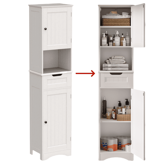 Narrow Linen Cabinet with Door and Drawers for Small SpacesWhite
