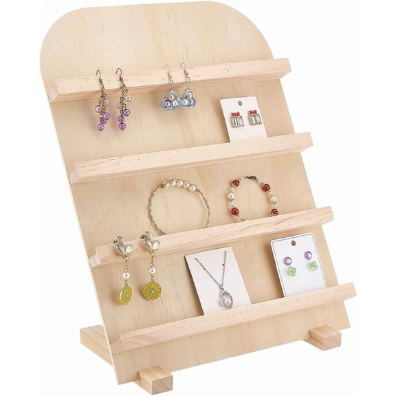 PH 4-Tier Wooden Jewelry Display Stand Earring Card Displays Tower Bracelets Stands Rack Craft Fairs Showcase Holder with Slots for Selling Retail Jewelry Showing Exhibition Storage colorful