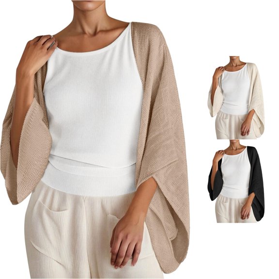 HCYSFG Womens 3/4 Sleeve Cardigan Open Front Draped Hem Loose Fit Lightweight Kimono Everyday Summer Layering Cover Up Tops