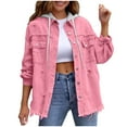 thumbnail image 2 of Otntypg Women's Oversized Denim Jacket Casual Patchwork Long Sleeve Full Button up Vintage Jean Jacket Top Drawstring Detachable Hooded Outwear Coat with Pockets Pink XXL, 2 of 10