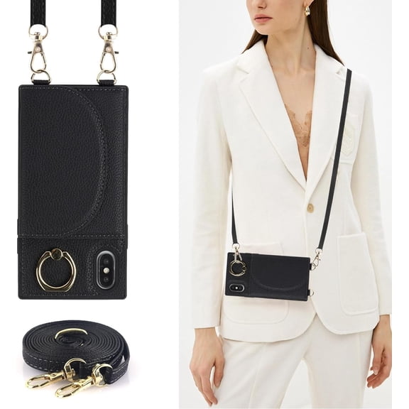 Crossbody Phone Cases for iPhone Xs Max with Card Holder for Women,iPhone Xs Max Case Wallet with Lanyard Strap,PU Leather Magnetic Clasp [360° Rotatable Ring Holder Kickstand],(Black)