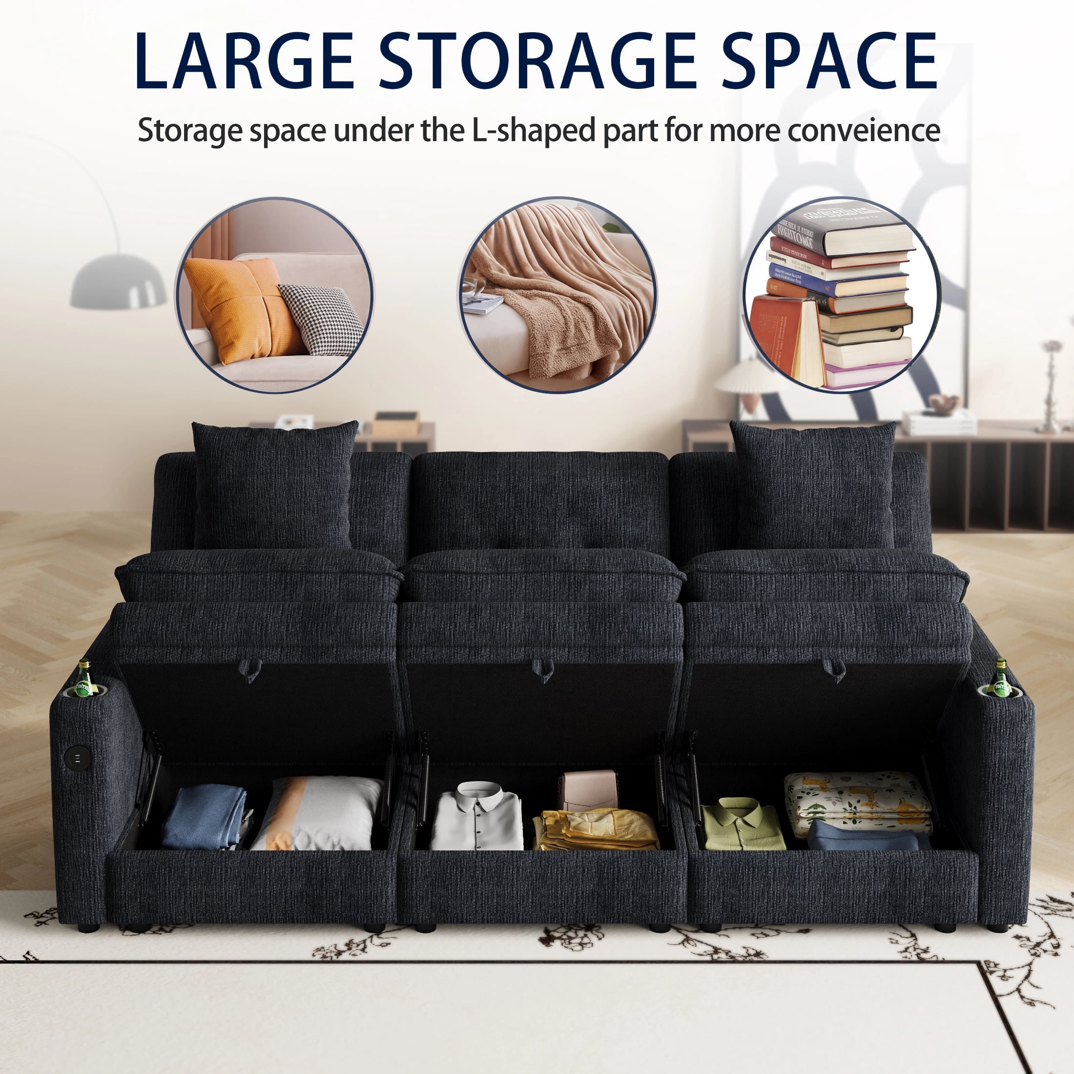 AISWORD 89" 3-in-1 Convertible Pull Out Sofa Bed, 6 Position Adjustable Sleeper Couch with USB Ports, Laptop Table, Cup Holders & Side Storage Pockets, Black