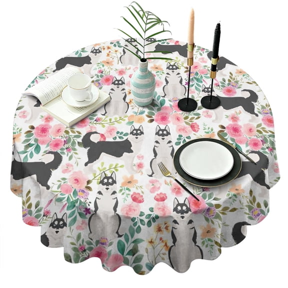 Husky Dog Flower Floral Round Tablecloth 60"x60",Wrinkle Wipeable Table Cloth for Kitchen Dining Room Picnic Patio Party