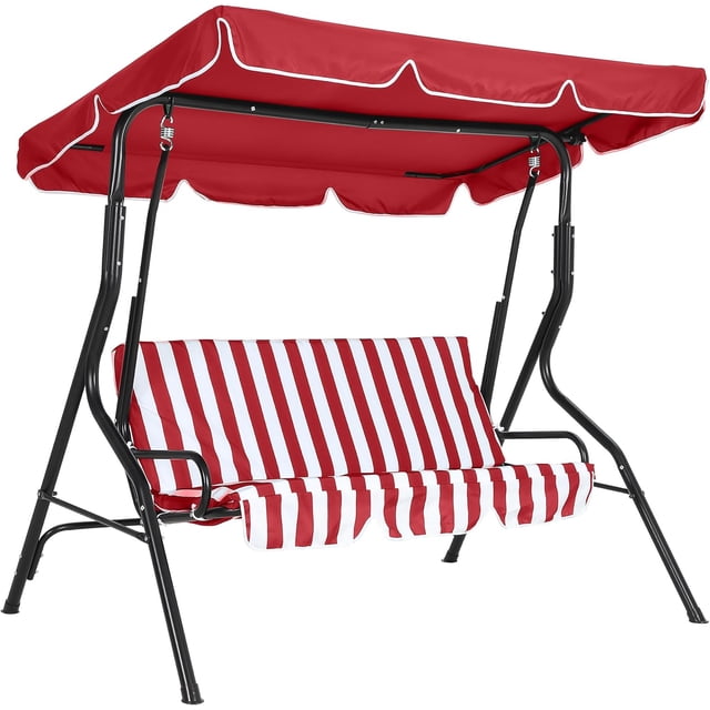 YUSAZENS Balançoire d'Extérieur à 3 Places avec Auvent Ajustable, Coussins Imperméables, Cadre en Acier Robuste, Banc à Bascule de Patio Résistant aux Intempéries pour Jardin, Véranda, Cour Arrière, Rouge Blanc