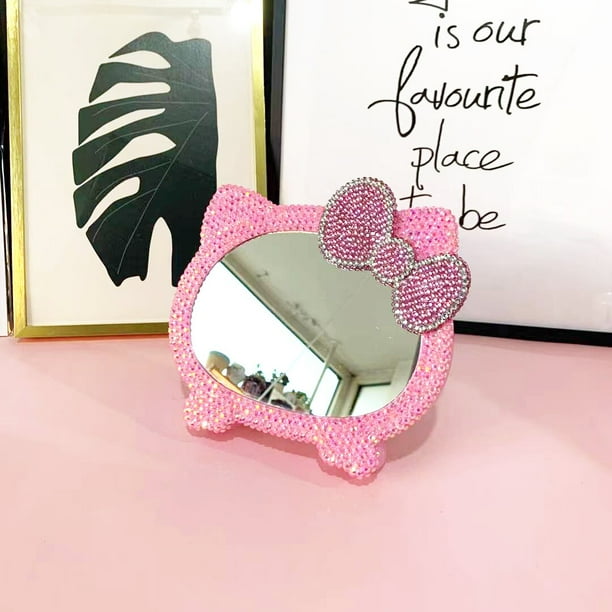 Espejo de maquillaje de Hello Kitty hecho a mano, espejo de tocador ostentoso con diamantes de imitación, Espejos decorativos pequeños portátiles, Decoración de mesa, My Melody