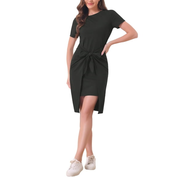 INSPIRE CHIC Women's Tie Waist Short Sleeve Casual Work Office Sheath Dress Black S