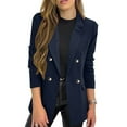 thumbnail image 2 of Women's Suit Jackets Solid Button Turndown Collar Blazer Trendy Business Casual Textured Jacket with Pockets Dark Blue L, 2 of 6