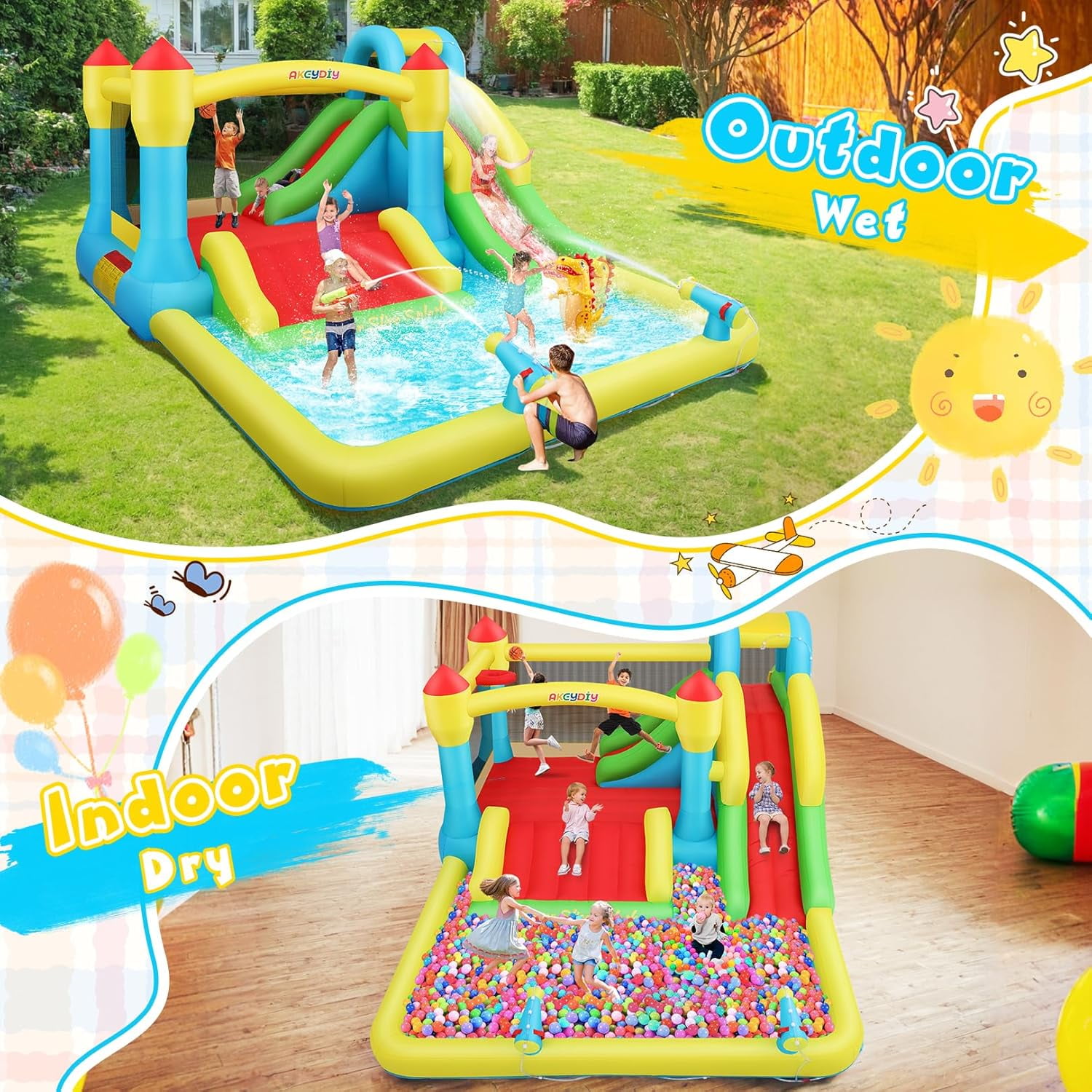 Veeboto Inflatable Water Slide with Blower, Water Park with Pool, Slide, Water Cannon, Climbing Wall, Basketball Hoop, Indoor Outdoor Bounce House for Backyard Party, Birthday Gift, Wet & Dry
