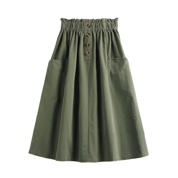Fgnfyis Button Front Skirt Spring and Summer Age Reduction Temperament Women's Korean Version Japanese Elastic Waist Mid Length Casual A-Line Skirt Green One Size