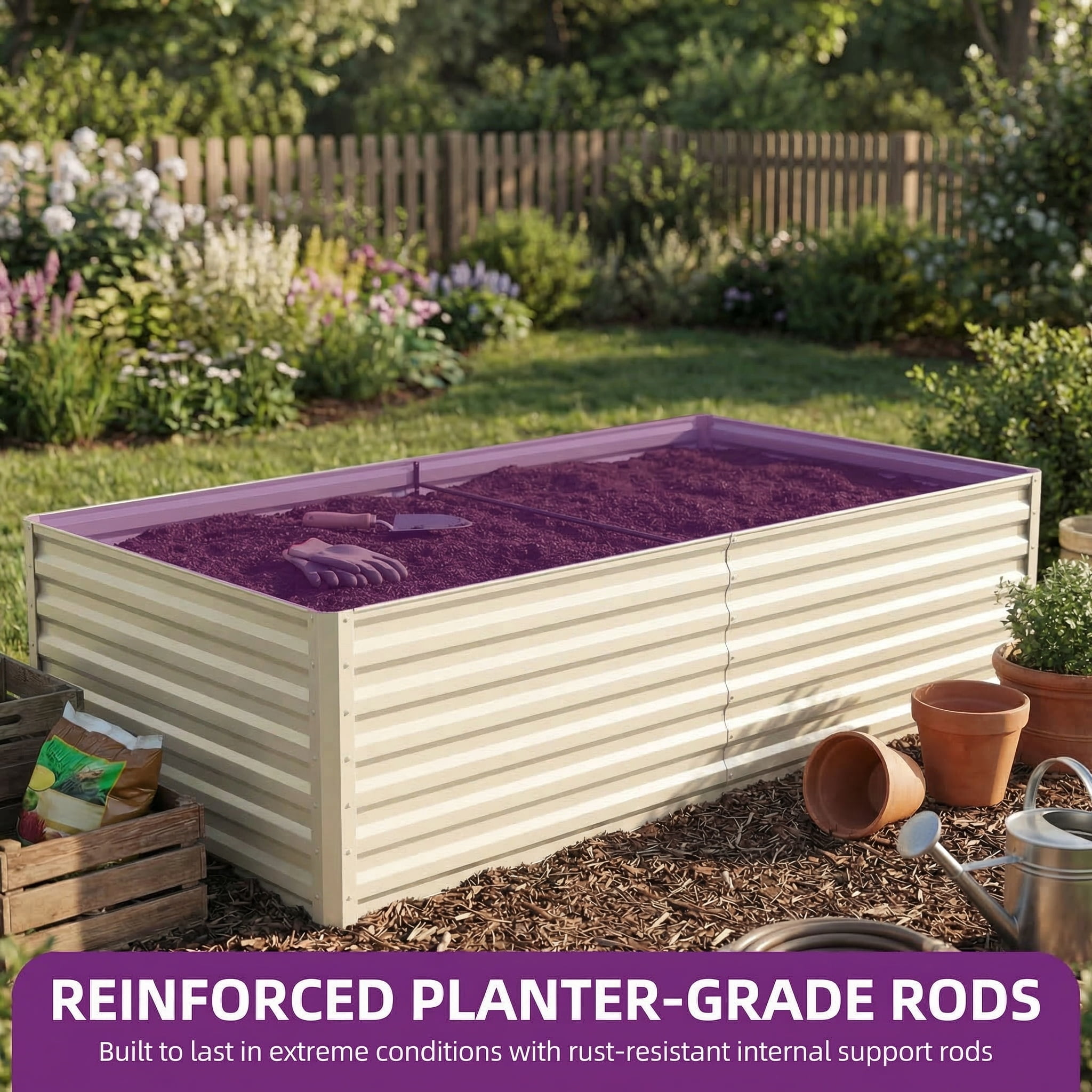 Uforic Galvanized Raised Garden Bed Kit, Metal Planter Box with Gloves, Metal Raised Garden Beds for Vegetables,Outdoor,Cream,6x3x2ft
