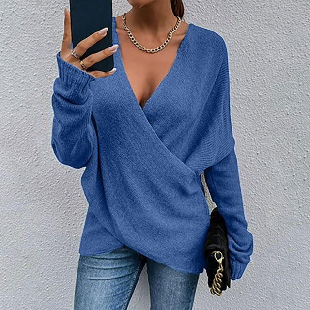 RKSTN Sweaters for Women Fashion Solid Color Long Sleeve Pullove V-Neck Shirt Sweater Tops Fall Sweaters