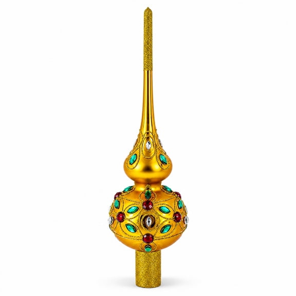 Multicolored Jewels on Gold Glass Christmas Tree Topper 11 Inches