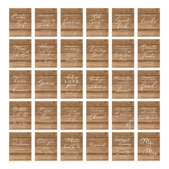 Koyal Wholesale Rustic Wood Wedding Signs Bundle Set for Ceremony, Reception Decor Signage, 8.5 x 11", 30-Pack