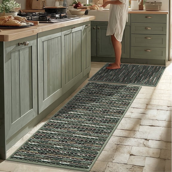 Bsicpro Kitchen Rugs and Mats 2 Pieces, Non Skid Anti Fatigue Absorbent Runner Rugs for Sink, Green, 20"x32" 20"x47"