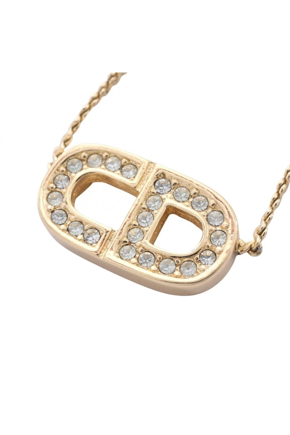 Pre-Owned Christian Dior Dior CD Logo Necklace, Gold Plated (GP) Rhinestone, Women's, Tone