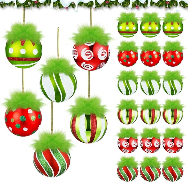 Decoraciones Del Árbol de Navidad Ornamentos de Bola de Navidad de 2,4 Pulgadas con Pelo Borroso para Árbol Ornamento Verde Rojo Brillante para la Decoración Del Árbol de Navidad