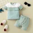 thumbnail image 3 of Hotiary Toddler Baby Boys Summer Outfits Stripe Patchwork Short Sleeve T-shirt Top + Solid Color Elastic Waistband Drawstring Shorts with Pockets 2 Piece Sets Infant for 0 Month-3 Years, 3 of 7