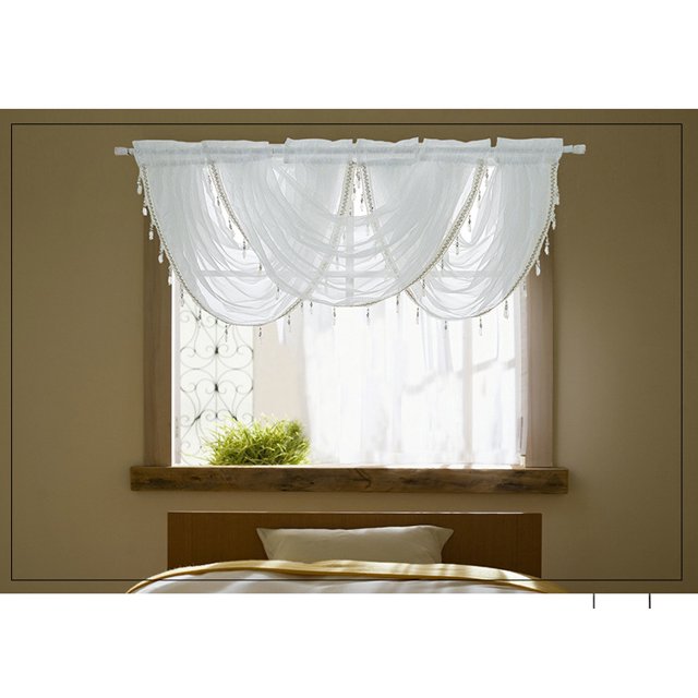 Cortina de cuentas con línea de seda blanca plateada, cenefa de cortina de cuentas, cenefas de cocina transparentes para ventanas, cenefa de cortina de ventana individual con bolsillo para barra (1 unidad) JM