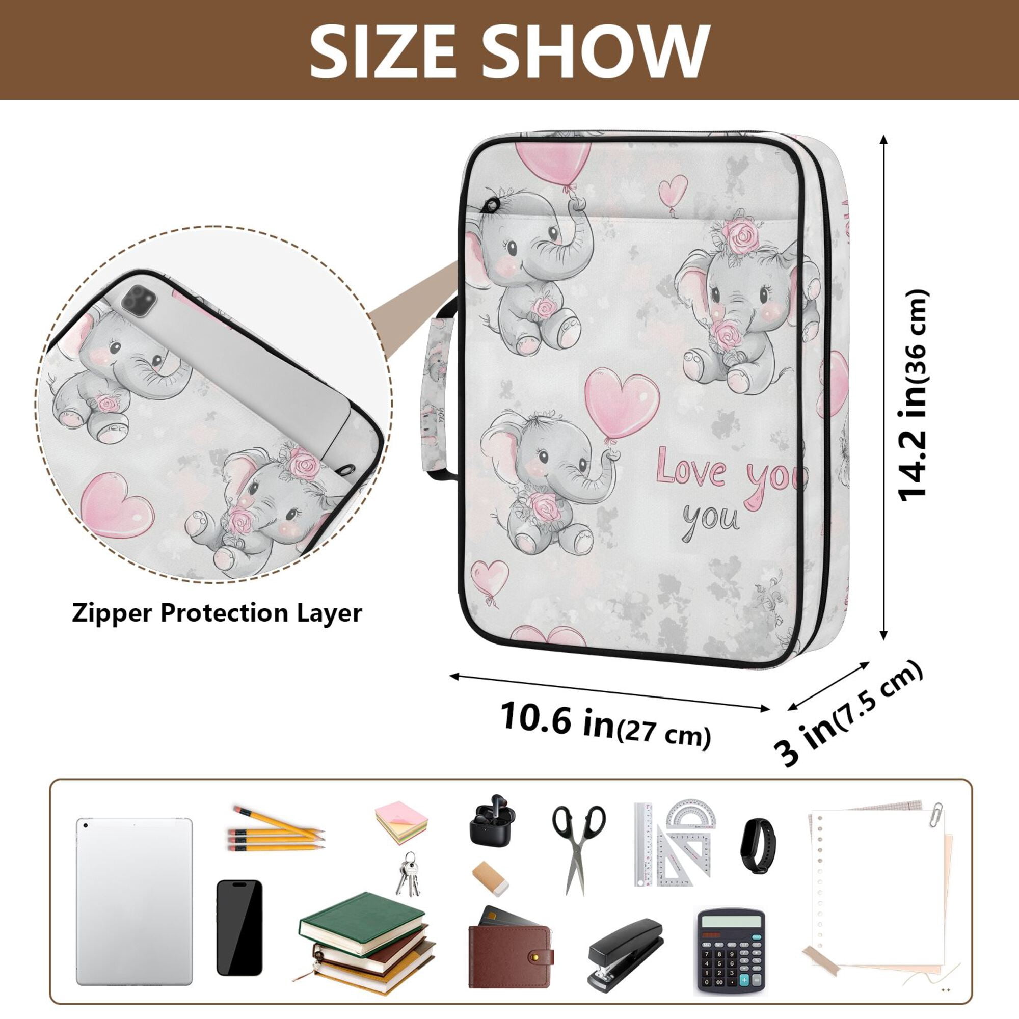FORMRS Accordion File Folder A4 Size 7-Pocket Expanding Document Organizer Bag with 3 Ring Binder, Cartoon Elephant