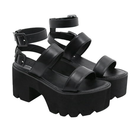 

1 Pair Thick High Heels Single Strap Sandals Adult Women Roman Shoes (Black)