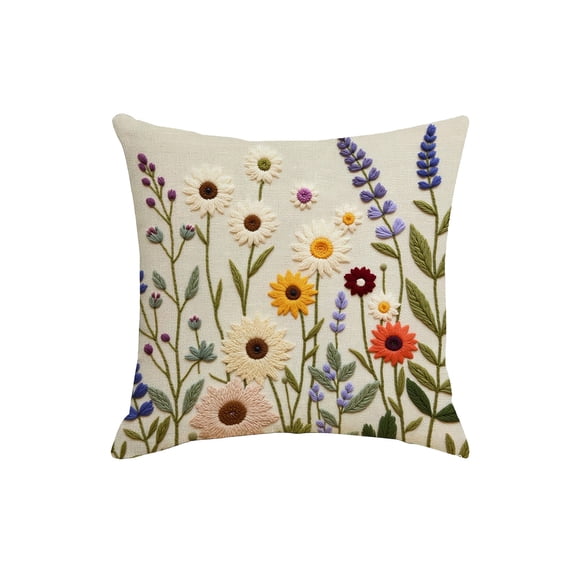 DefiDgd Spring Decorative Flower Throw Pillow Covers,2D Embroideried Design Linen Square Pillow Case for Farmhouse Outdoor Couch Sofa Living Room Decoration(B)