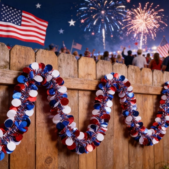 AZXY 4th of July Patriotic Tinsel Garland Red White Blue Dot Foil Decorations 6.56Ft for Indoor Outdoor Tree Mantle Party Decor