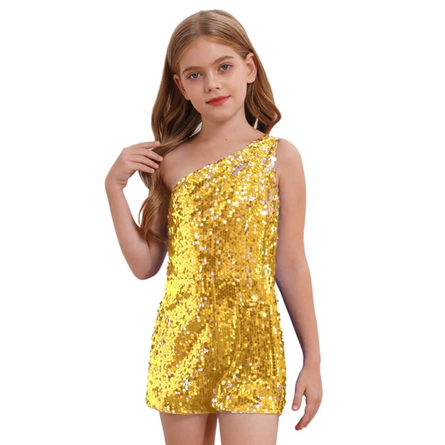 Kids Girls Sparkle Sequins Short Romper Sleeveless One Shoulder Cocktail Jumpsuit Dance Performance Outfits Gold 8