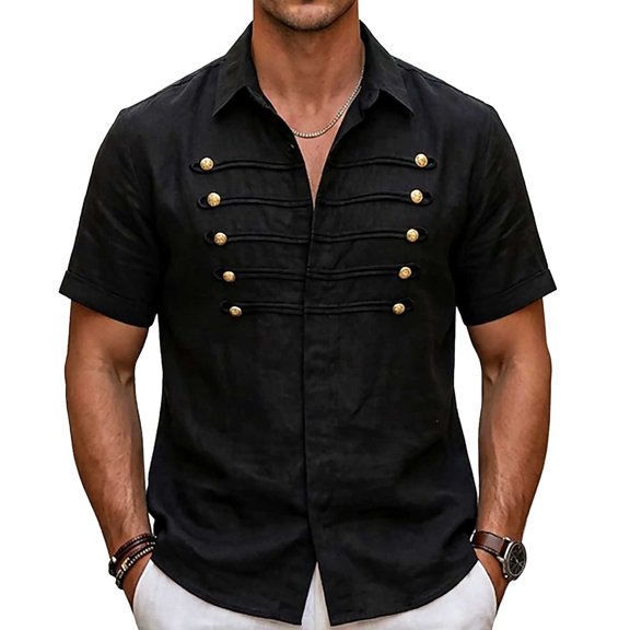YLSDY Men's Military Style Linen-Blend Shirt, Double Breasted Gold Buttons, Short Sleeve Button-Down Casual Top Black XL