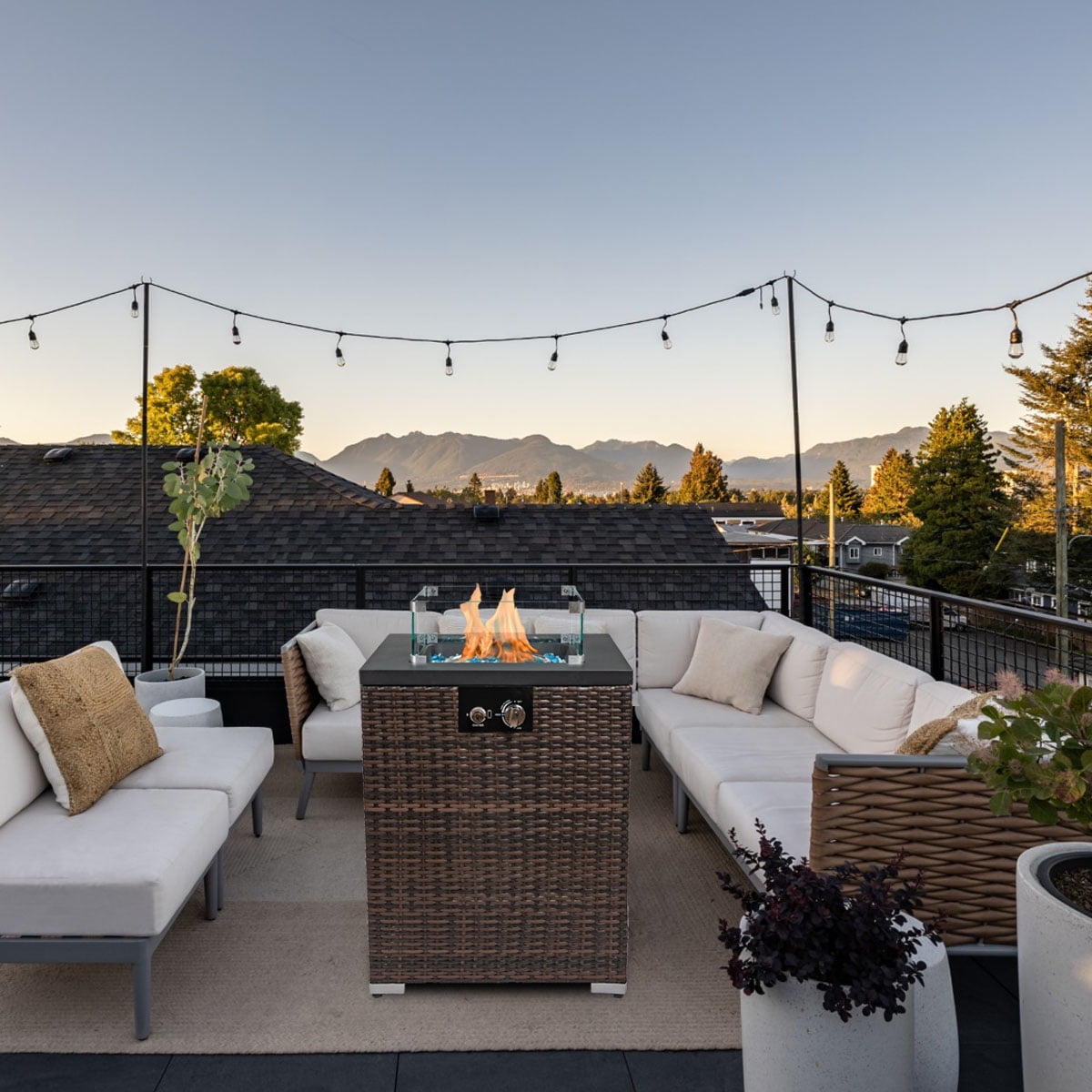 AJ Enjoy 22" Square Wicker Fire Pit Table, 40,000 BTU Gas Propane Heater for Patio Garden