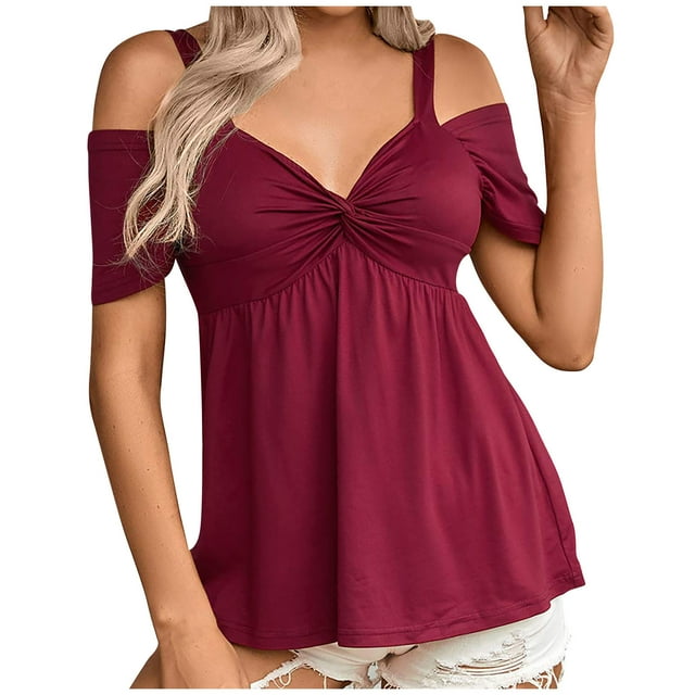 Blusa superior con hombros descubiertos y tirantes con cuello en V de color sólido a la moda informal y sexy para mujer Pompotops hkajfhjk472026