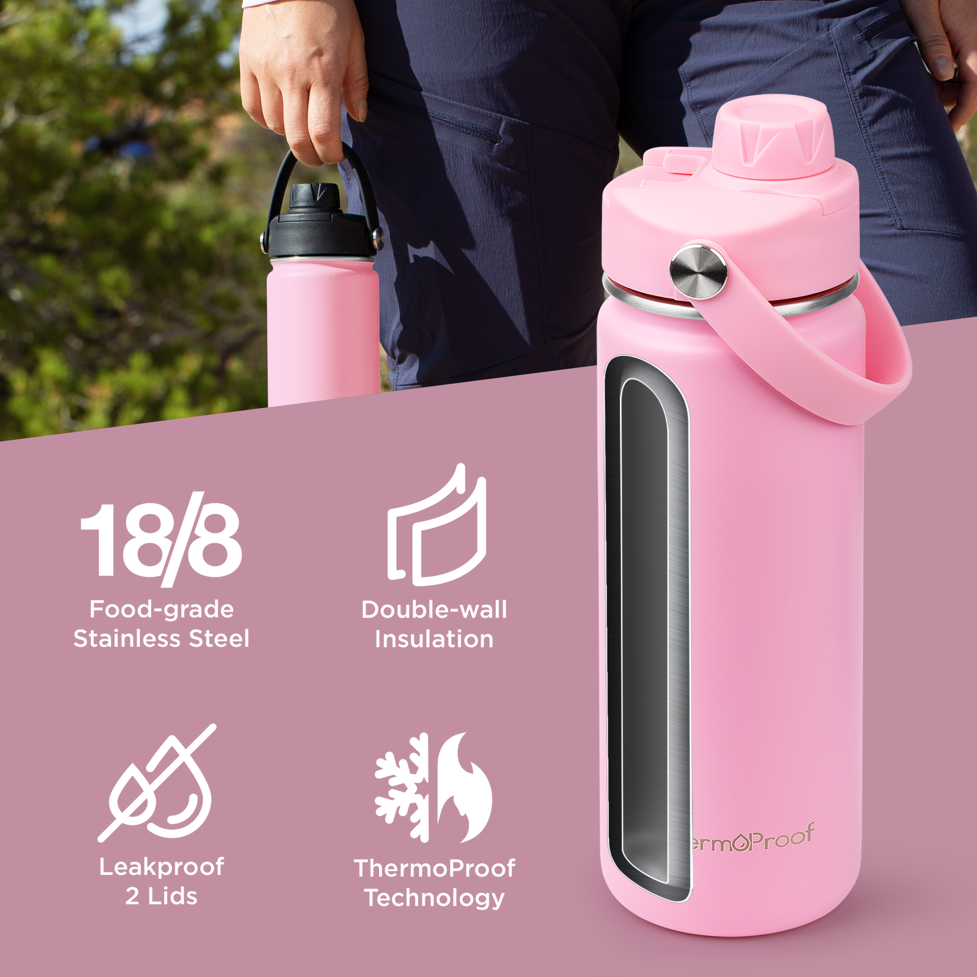 ThermoProof Insulated Water Bottle, Stainless Steel, Pink, 18 oz photo 4