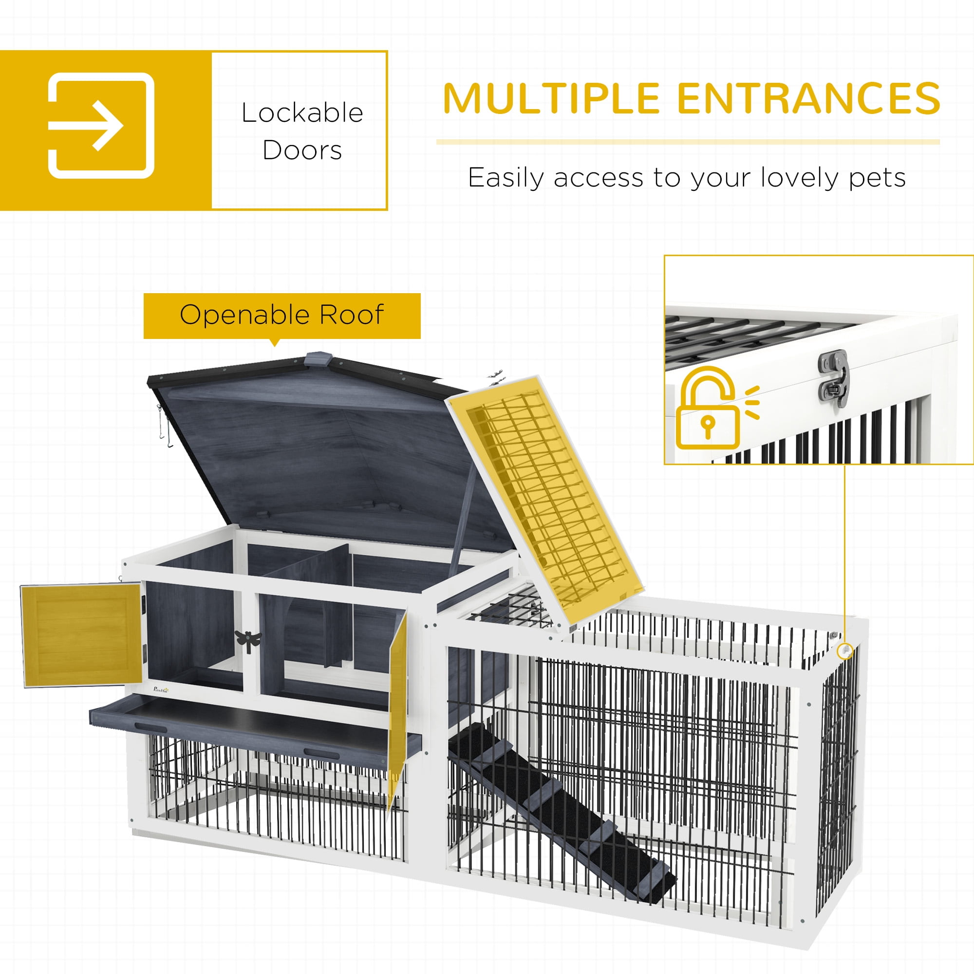 2 Levels Outdoor Rabbit Hutch with Openable Top, 59" Wooden Large Rabbit Cage with Run Weatherproof Roof, Removable Tray, Ramp, Dark Gray