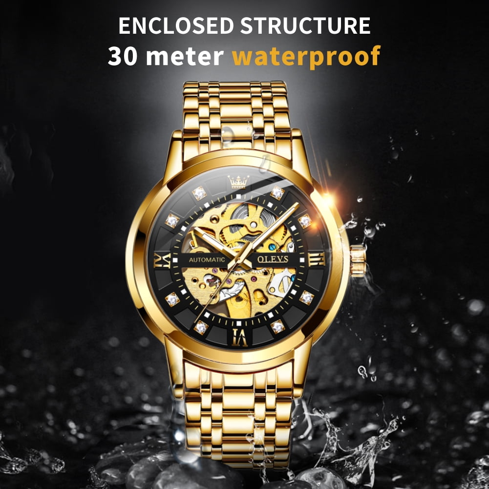 OLEVS Skeleton Watches for Mens Automatic Mechanical self Winding Diamond Luxury Business Dress Stainless Steel Waterproof Luminous Mens Wrist Watches Reloj Para Hombre Blue/White/Black/Gold Dial