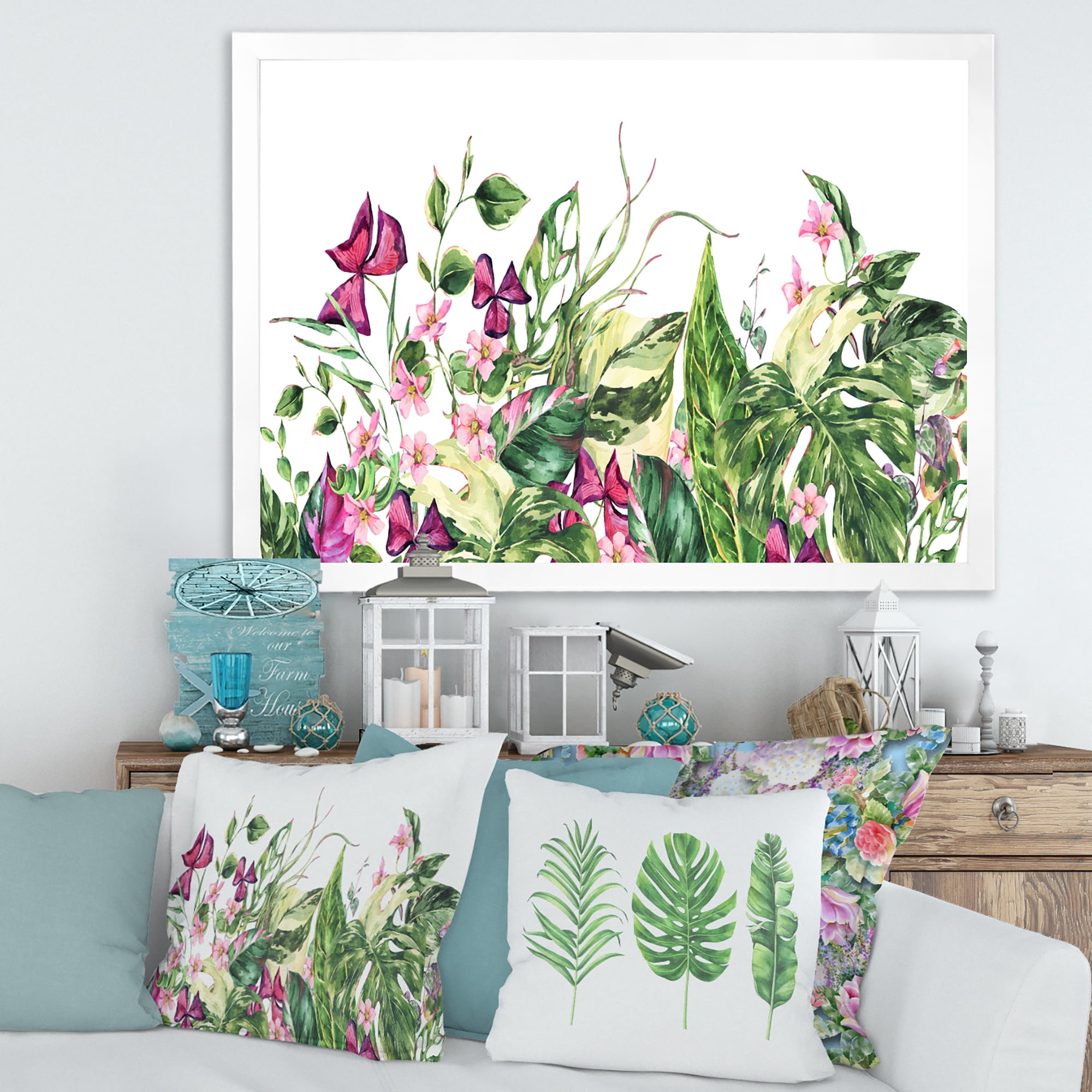 Designart 'Ancient Floral Tropical Leaves I' Tropical Framed Art Print