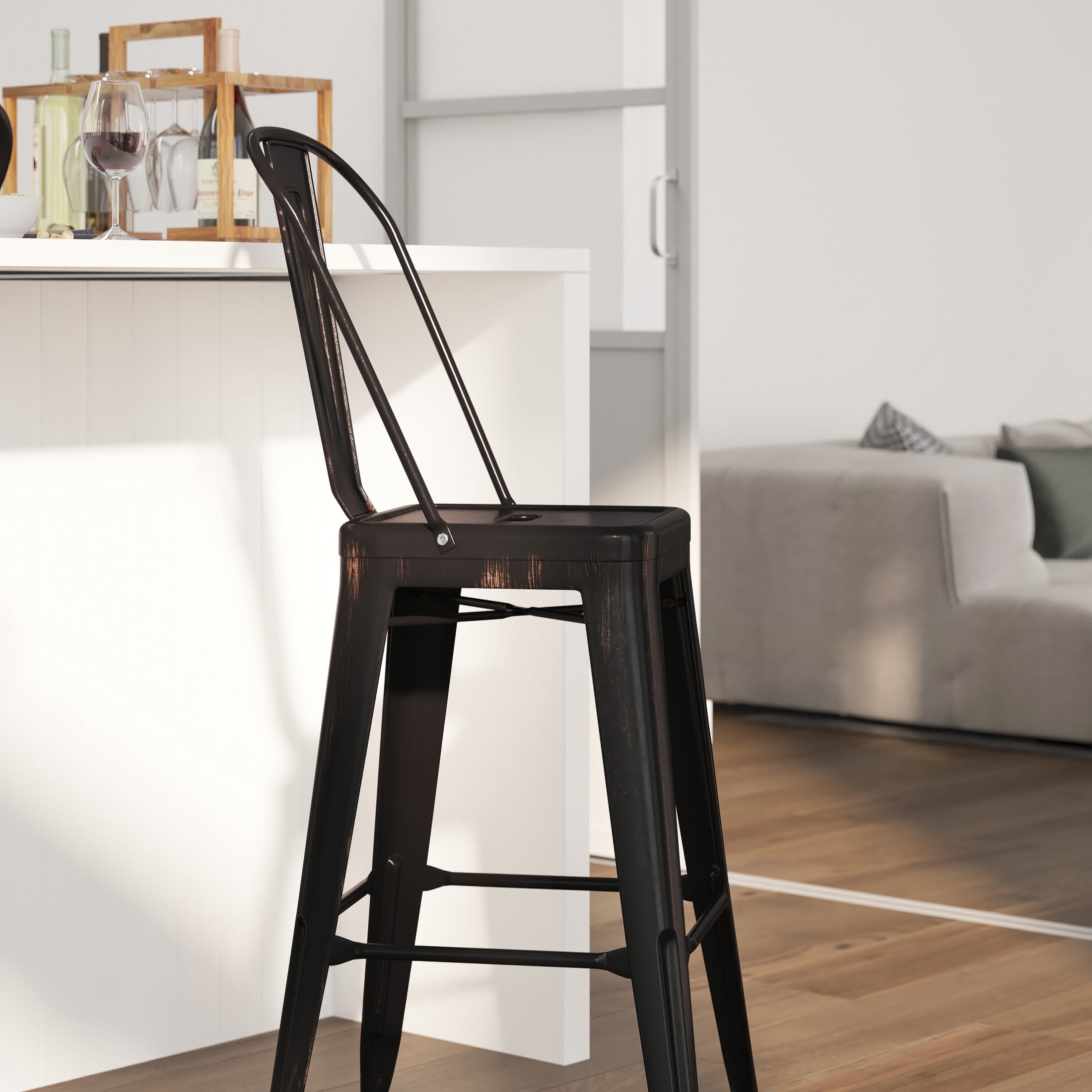 Merrick Lane Black-Antique Gold 30" High Metal Bar Height Stool with Removable Back for Indoor-Outdoor Use