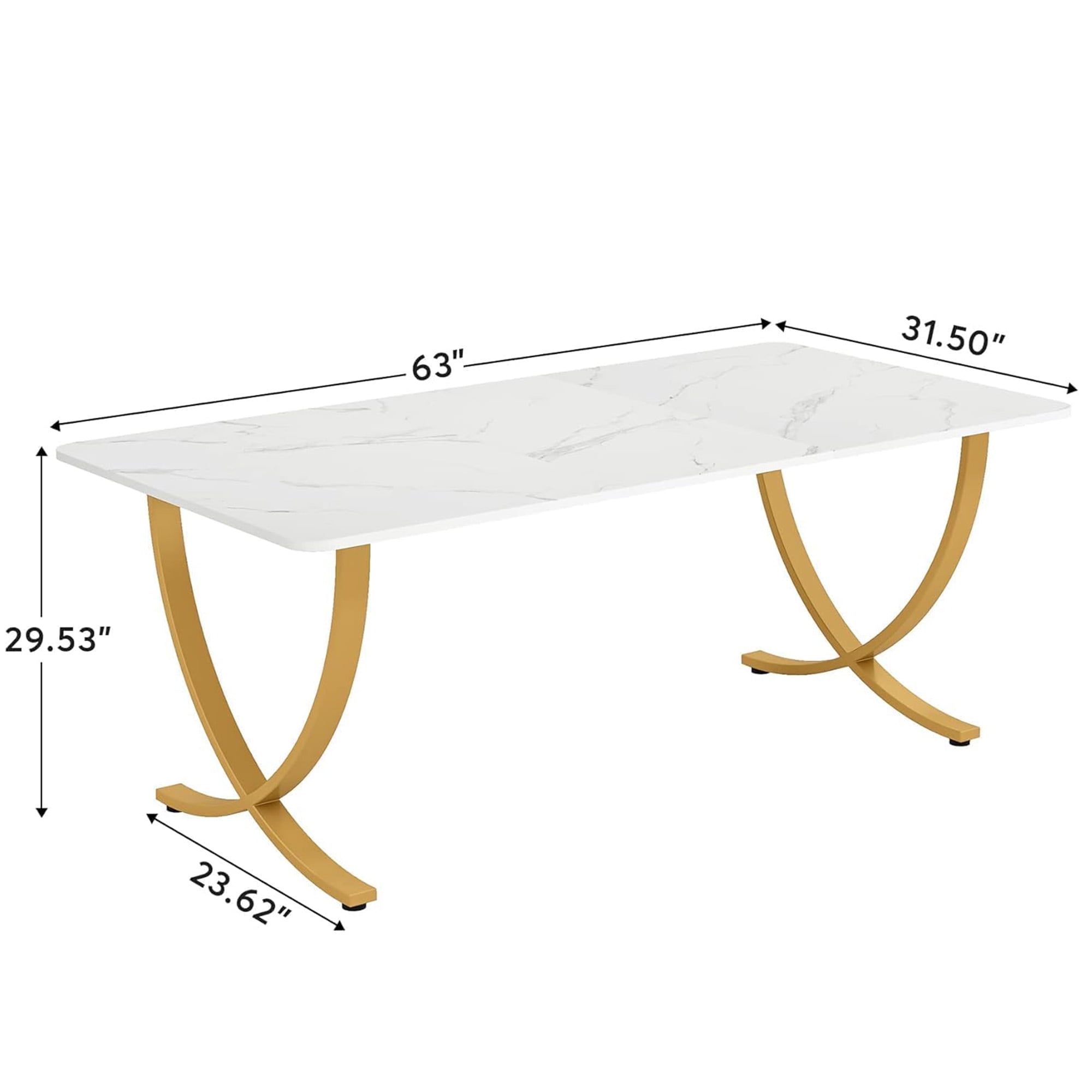 KIOOTTO 63" Executive Office Desk, Faux Marble Computer Workstation with Gold Metal Frame, White